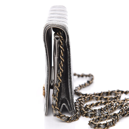 Chanel Cracked Metallic Calfskin Quilted Boy Wallet On Chain WOC Dark Silver 13 of 18