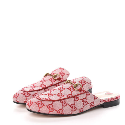 Gucci Canvas GG Monogram Horsebit Womens Princetown Slippers 37.5 Gardenia Hibiscus Red 3 of 9