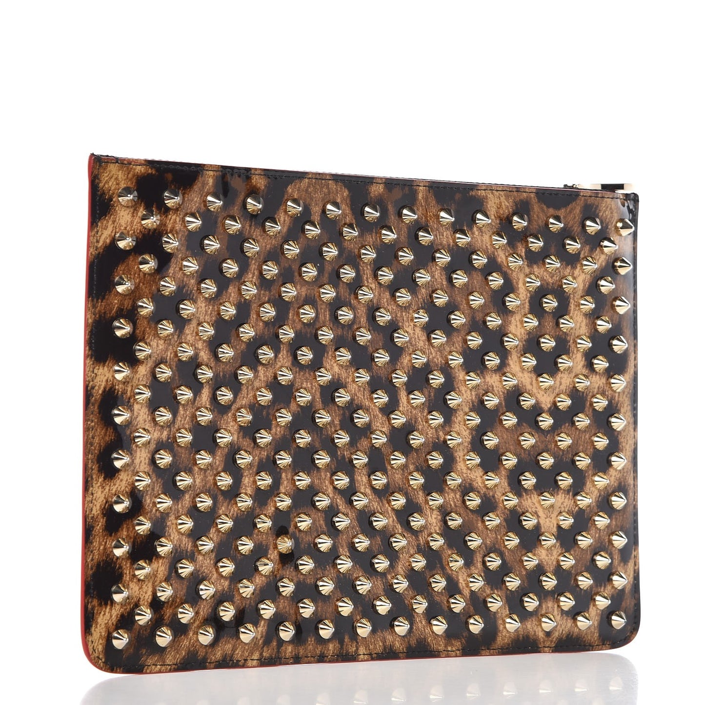 Patent Calfskin Studded Loubiposh Clutch Leopard