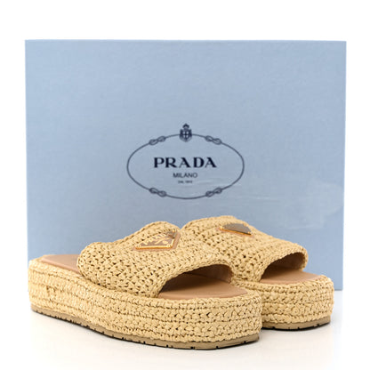 Prada Raffia Metal Triangle Logo Woven Flatform 35mm Slide Sandals 36 Naturale 9 of 9