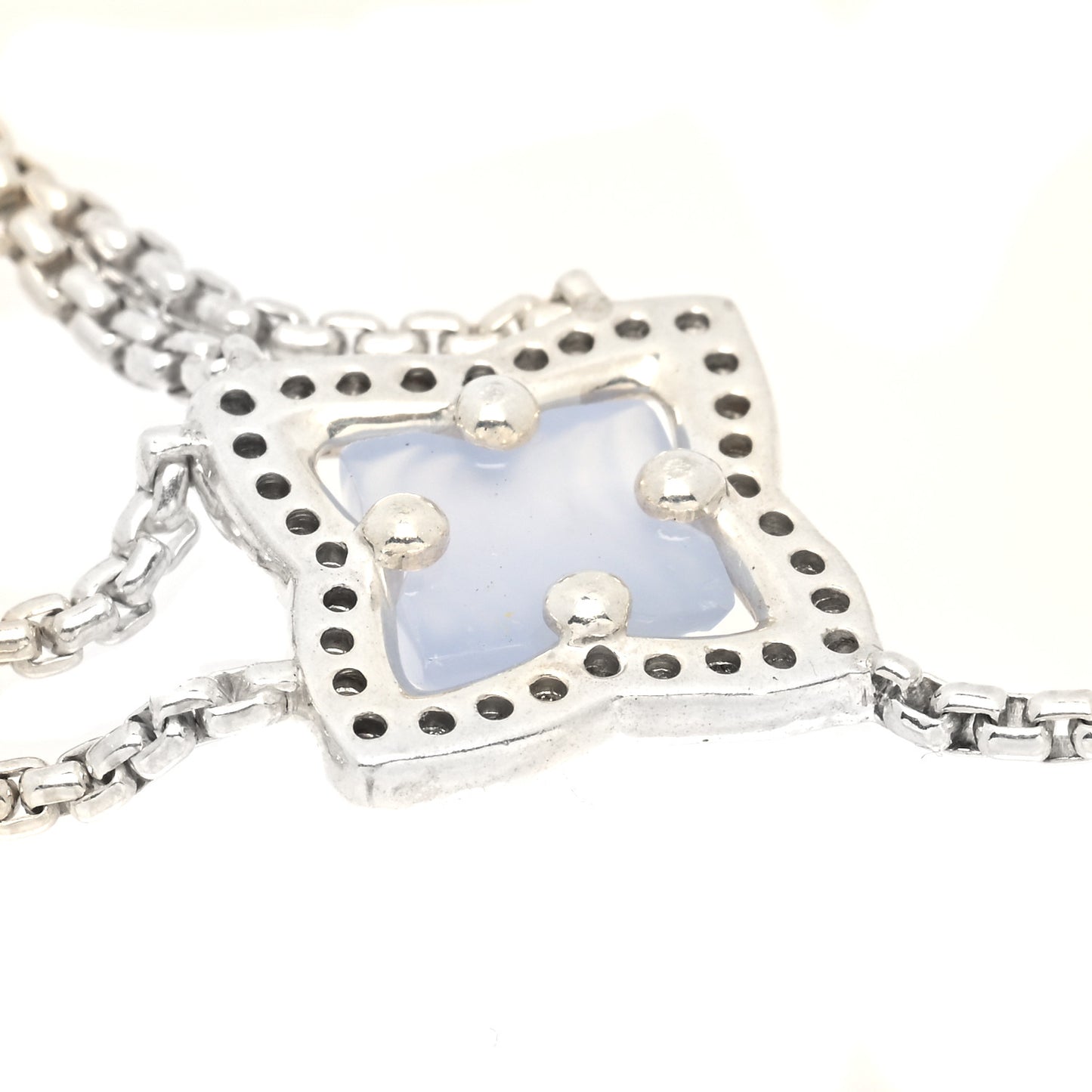 Sterling Silver Diamond Chalcedony Quatrefoil Drop Pendant Necklace
