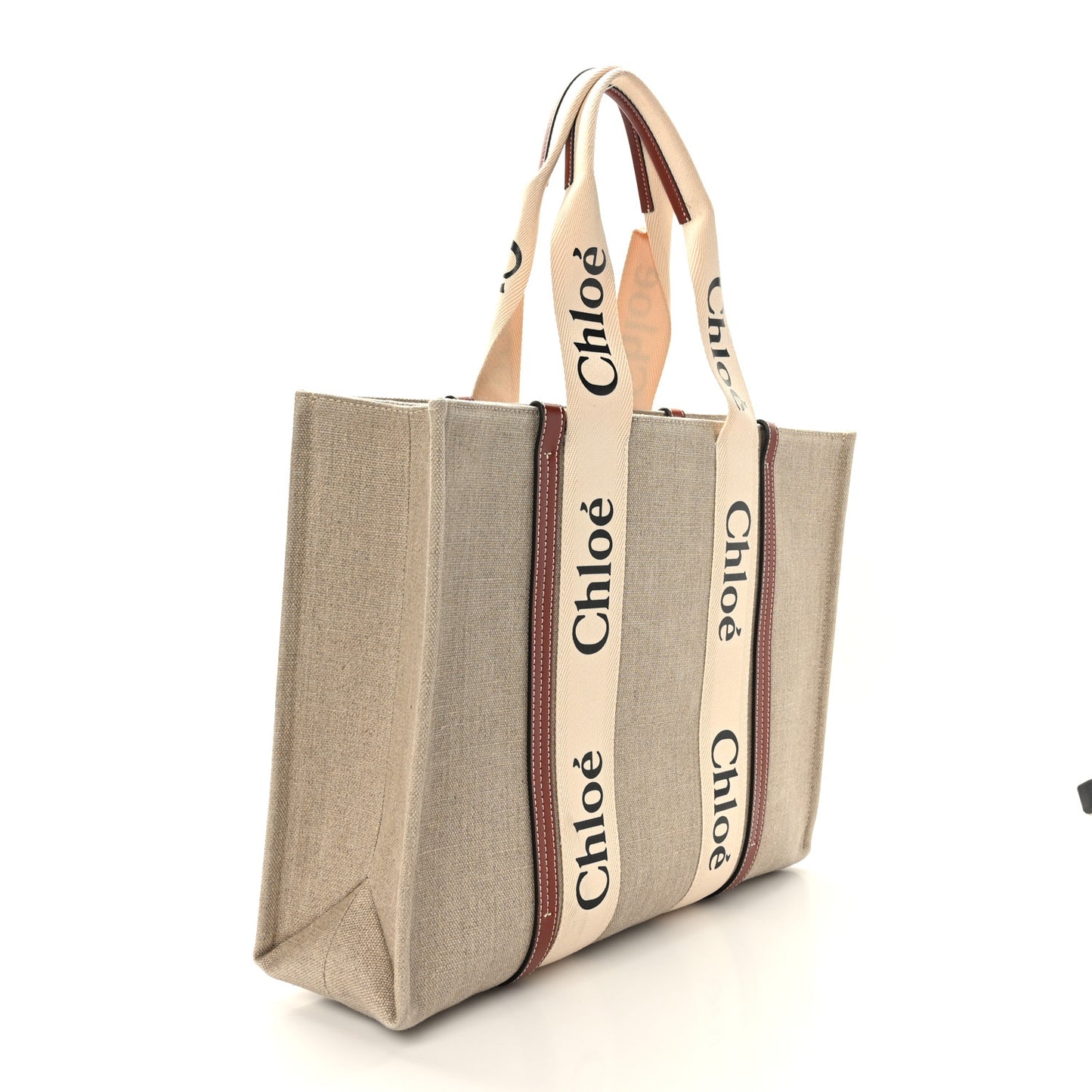 Linen Calfskin Large Woody Ribbon Tote White Brown