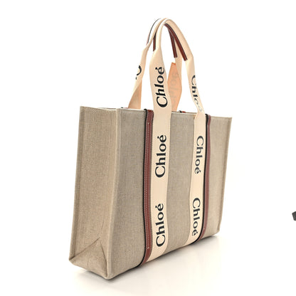 Chloe Linen Calfskin Large Woody Ribbon Tote White Brown 3 of 8