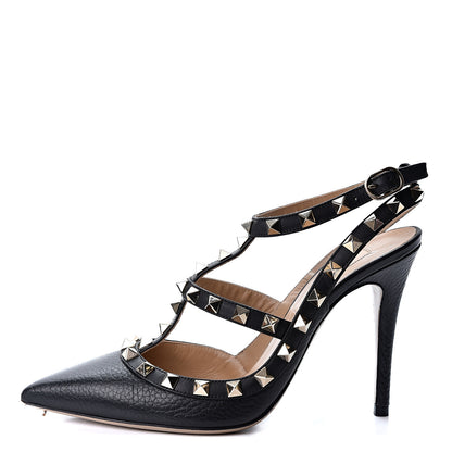 Valentino Garavani Pebbled Calfskin Rockstud Ankle Strap 100mm Pumps 35.5 Black 1 of 8