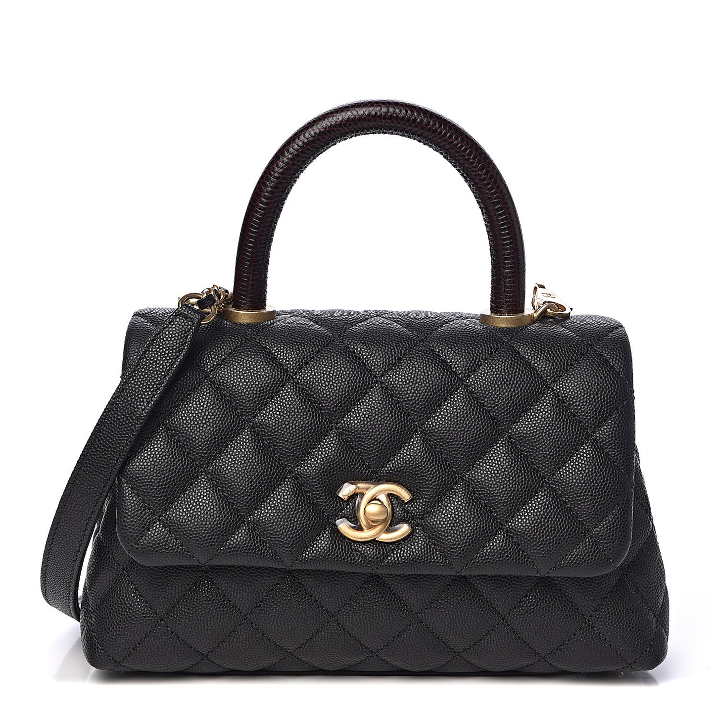 Caviar Lizard Embossed Quilted Mini Coco Handle Flap Black