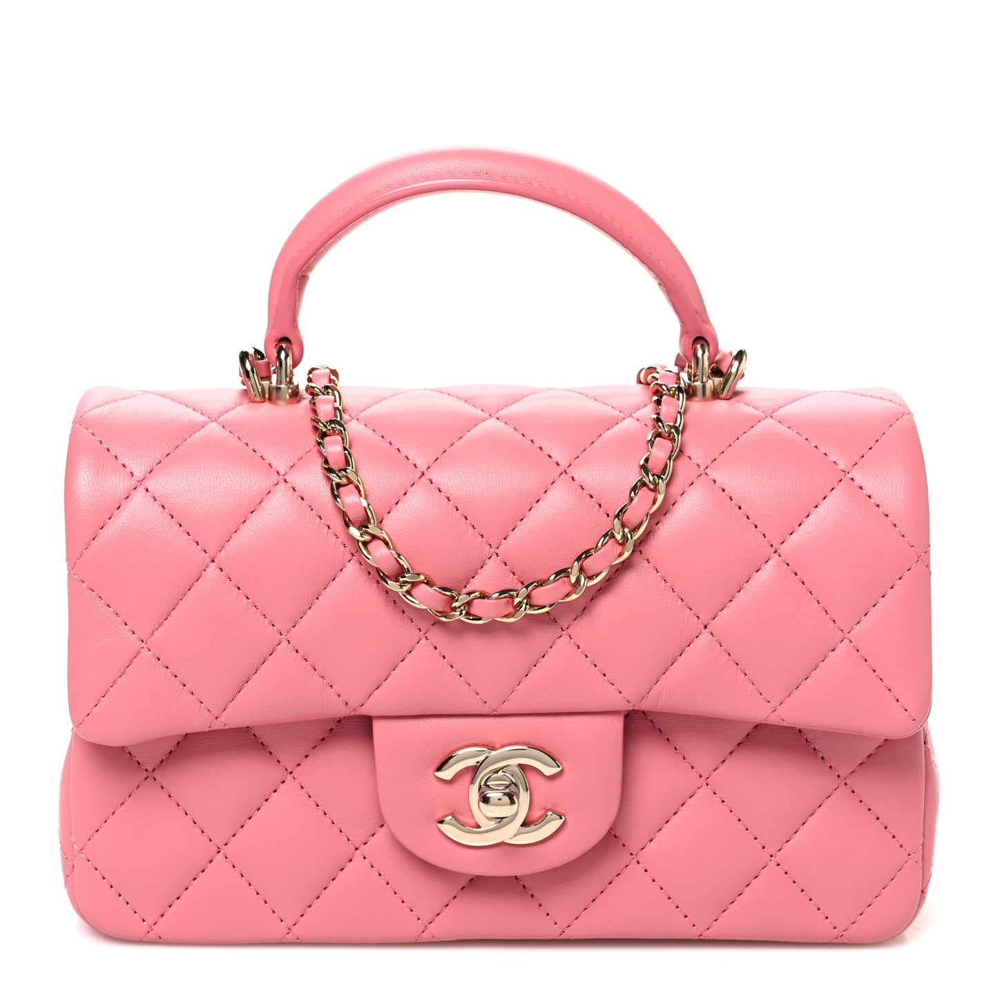 Lambskin Quilted Mini Top Handle Rectangular Flap Pink