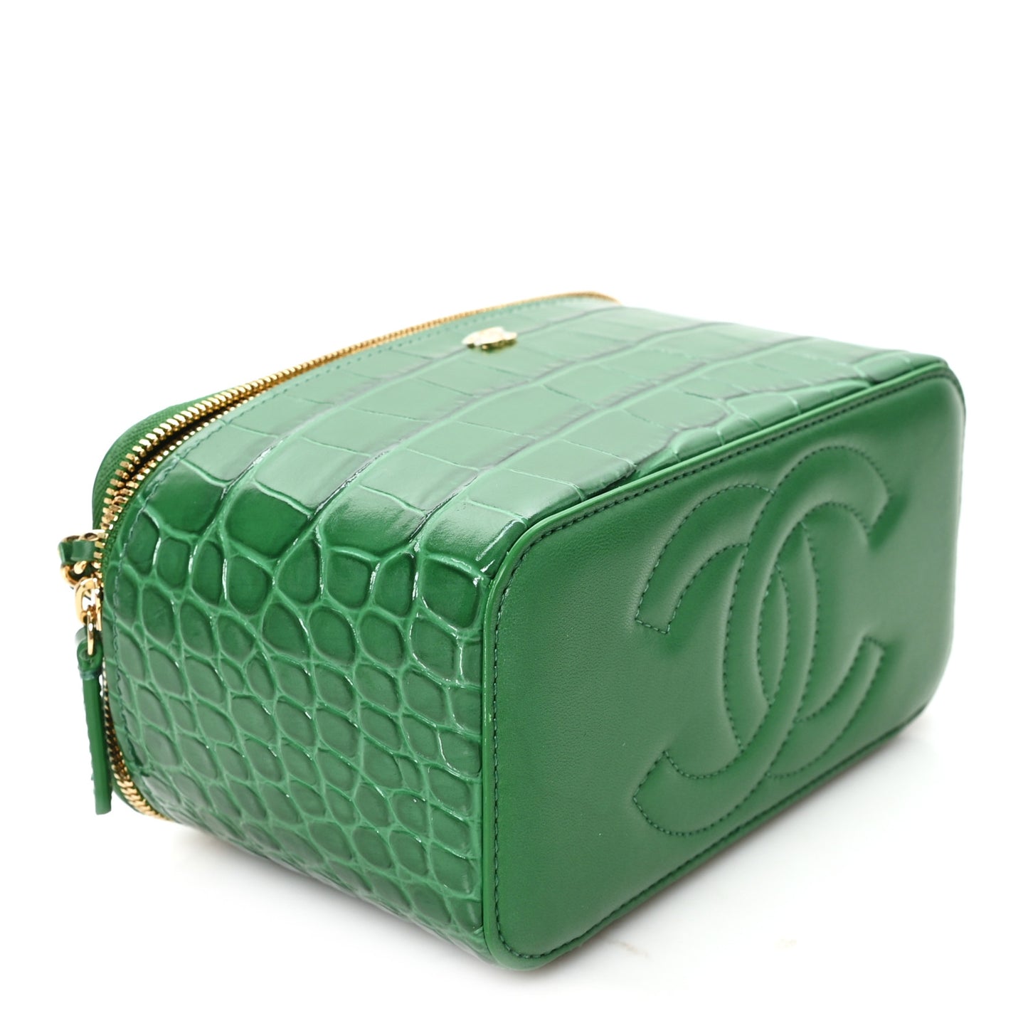Calfskin Crocodile Embossed Exoticoco Small Top Handle Vanity Case With Chain Emerald