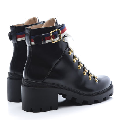 Gucci Calfskin Sylvie Web Lace Up Combat Boots 37 Black 4 of 9