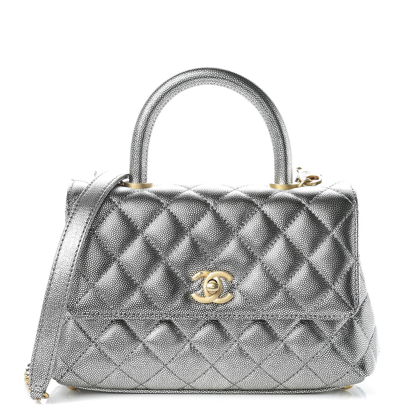 Metallic Caviar Quilted Mini Coco Handle Flap Silver