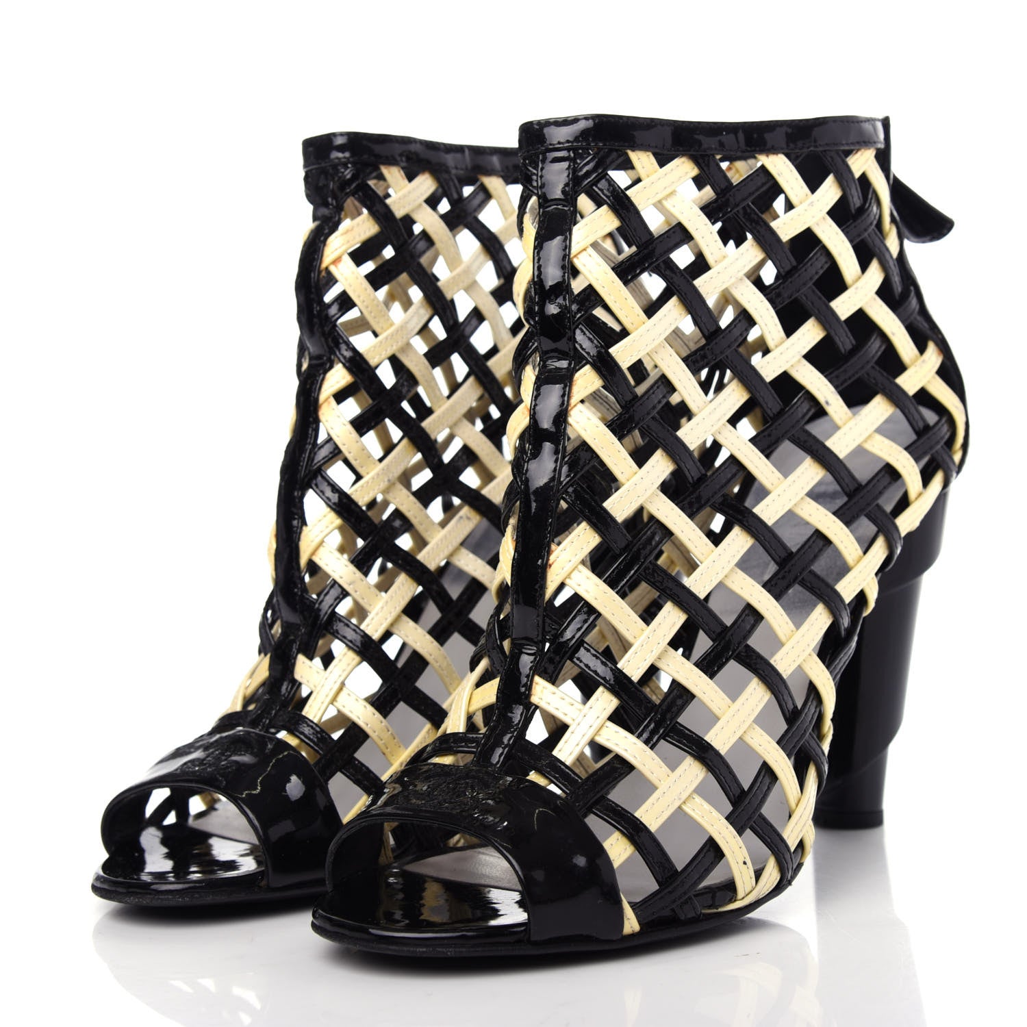 Chanel Patent Woven CC Cage Sandals 38.5 Black Ivory 3 of 10