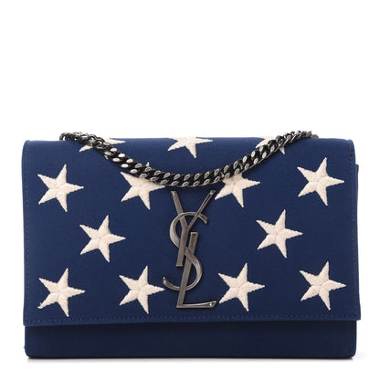 Saint Laurent Canvas Embroidered Stars Small Monogram Kate Satchel Blue Bianco 1 of 9