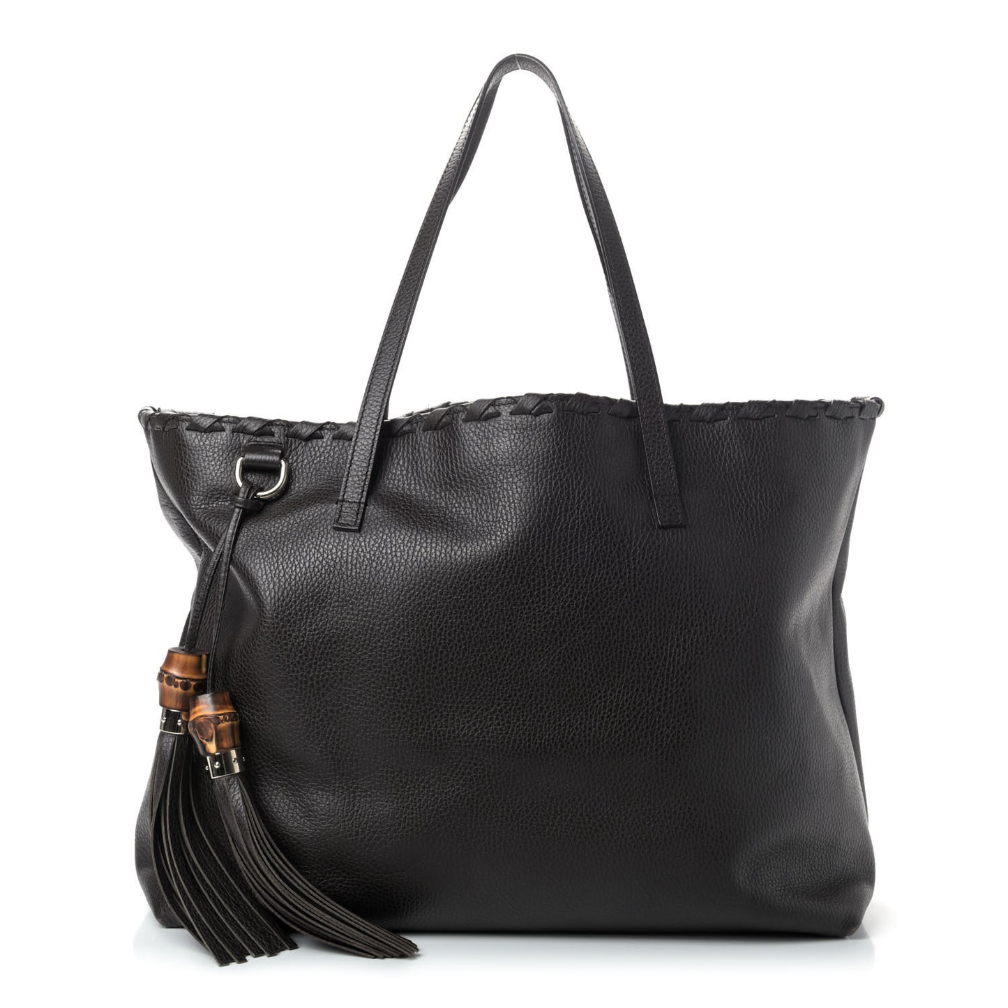 Pebbled Calfskin Large Bamboo Tassel Tote Dark Brown