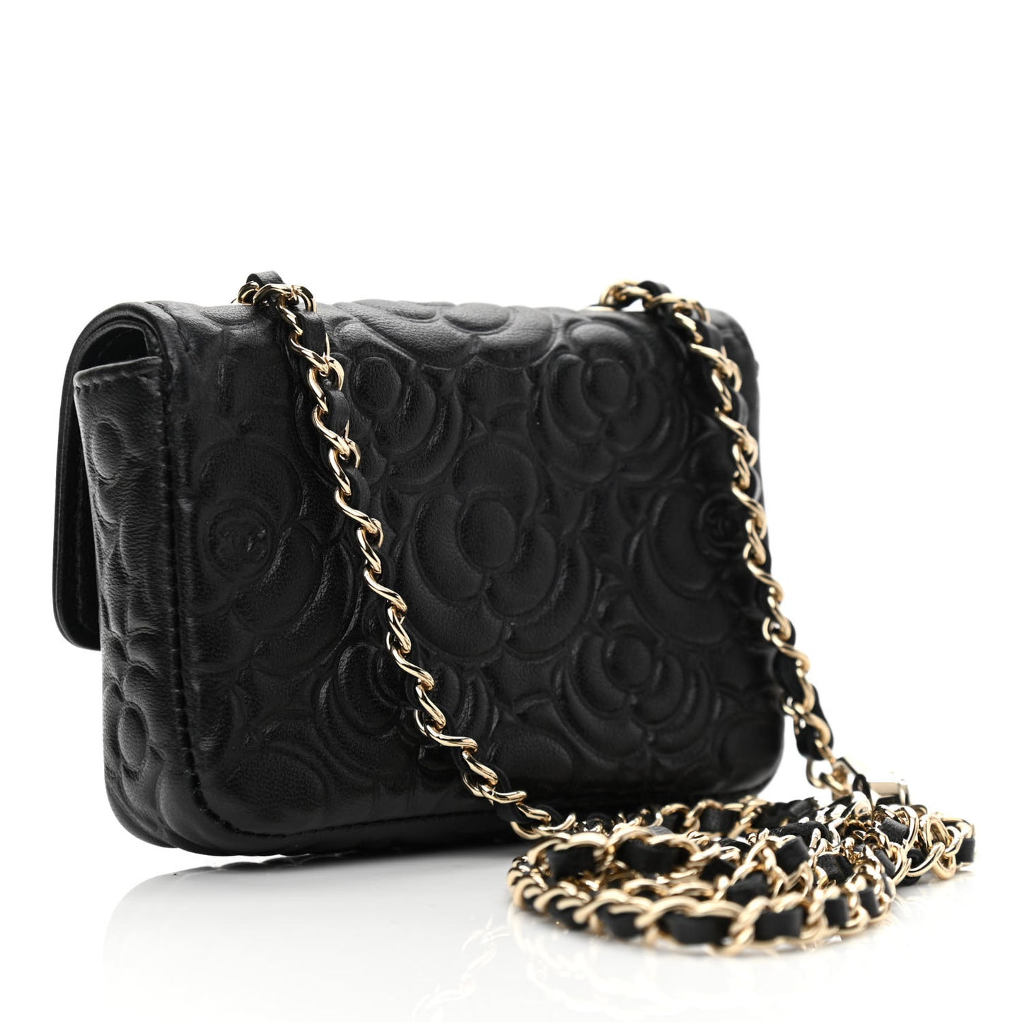 Lambskin Camellia Embossed Chain Belt Bag Black