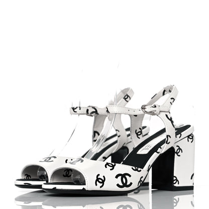 Chanel Lambskin Printed Coco Beach Sandals 37 White Black 3 of 10