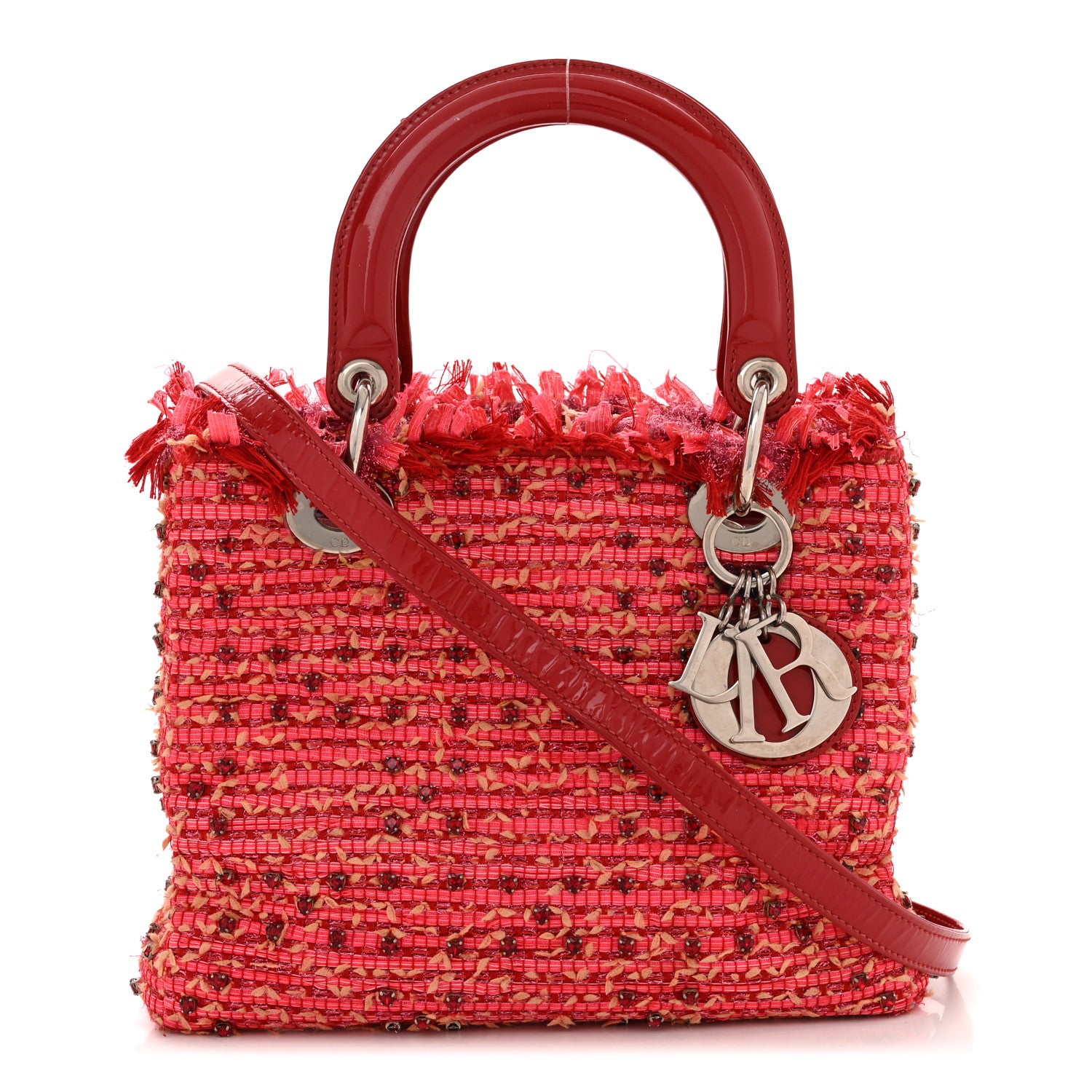 Christian Dior Tweed Fringe Rhinestone Medium Lady Dior Red 1 of 10