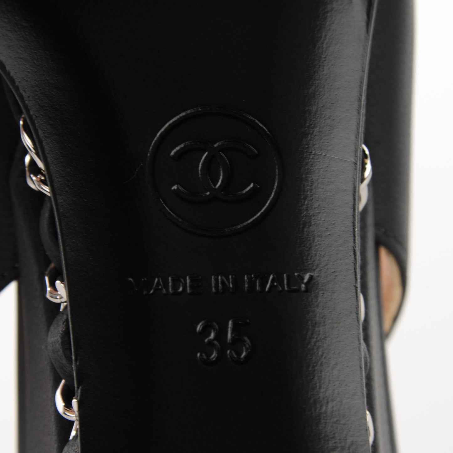 Lambskin Chain CC Cap Toe Slingback Wedge Sandals 35 Black