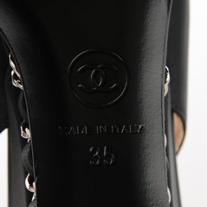Chanel Lambskin Chain CC Cap Toe Slingback Wedge Sandals 35 Black 7 of 9