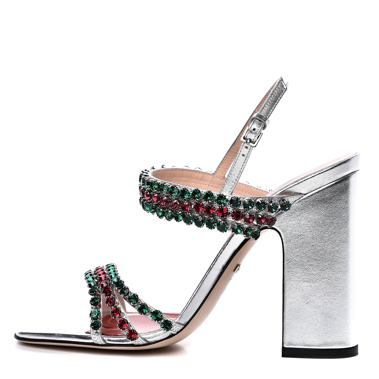 Gucci Nappa Silk Crystal Bertie High Heel Sandals 37.5 Argento 1 of 9