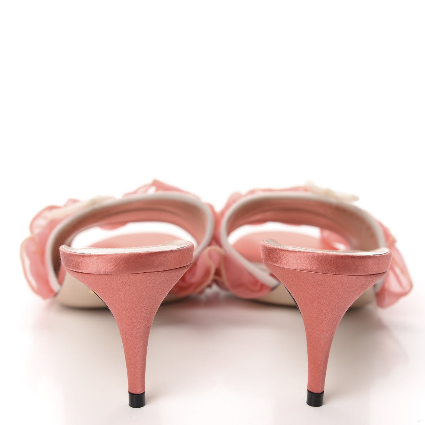 Tulle Ruffle Low Heel Slide Sandals 38.5 Peach Mystic White