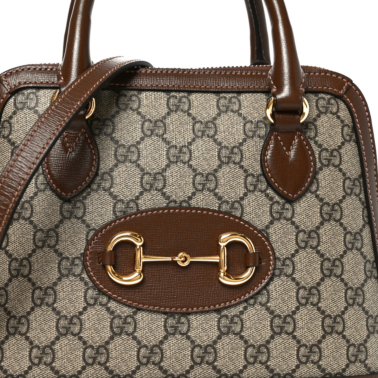 GG Supreme Monogram Azalea Calfskin Small Horsebit 1955 Top Handle Bag Beige Ebony Brown Sugar