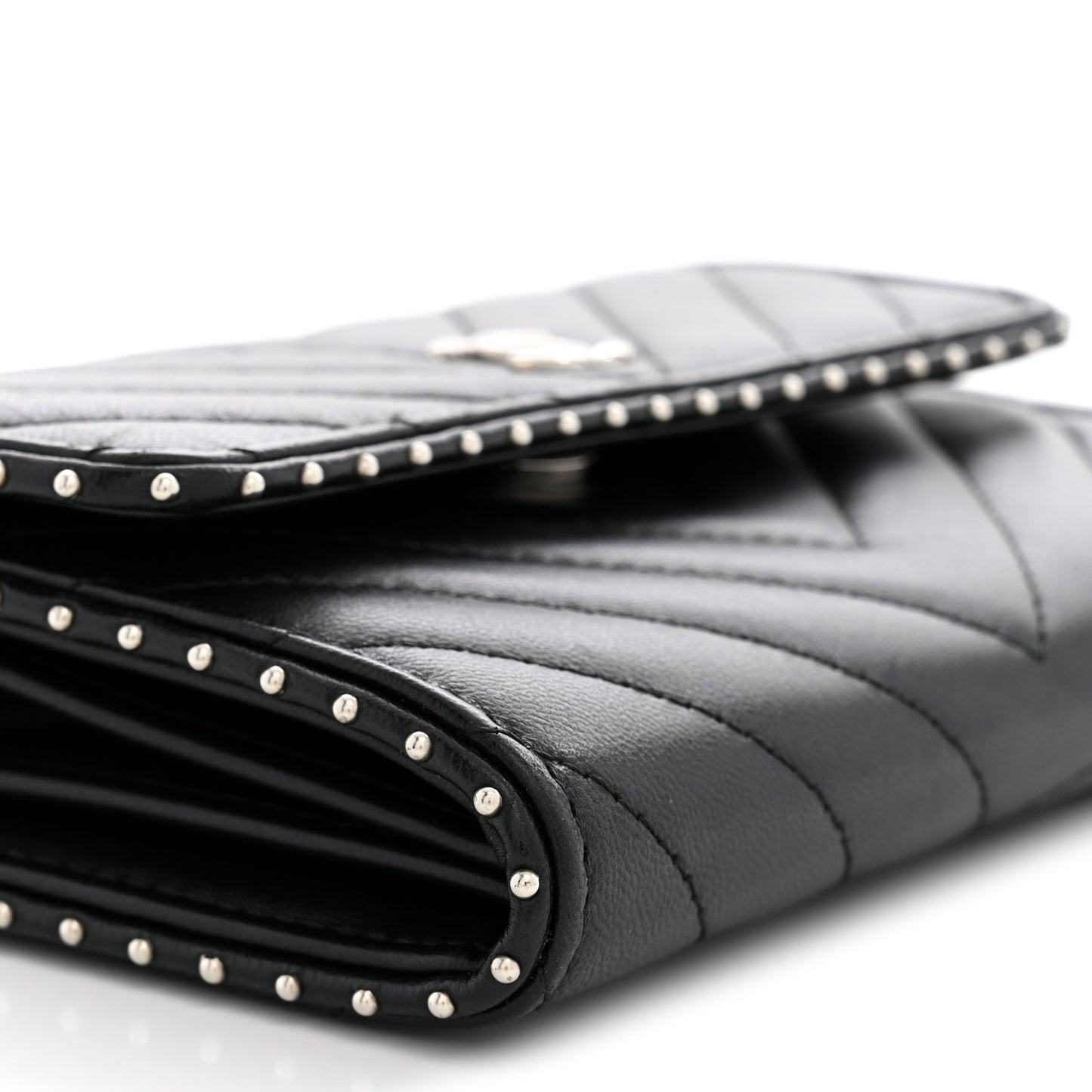 Lambskin Chevron Quilted Studded Wallet On Chain WOC Black