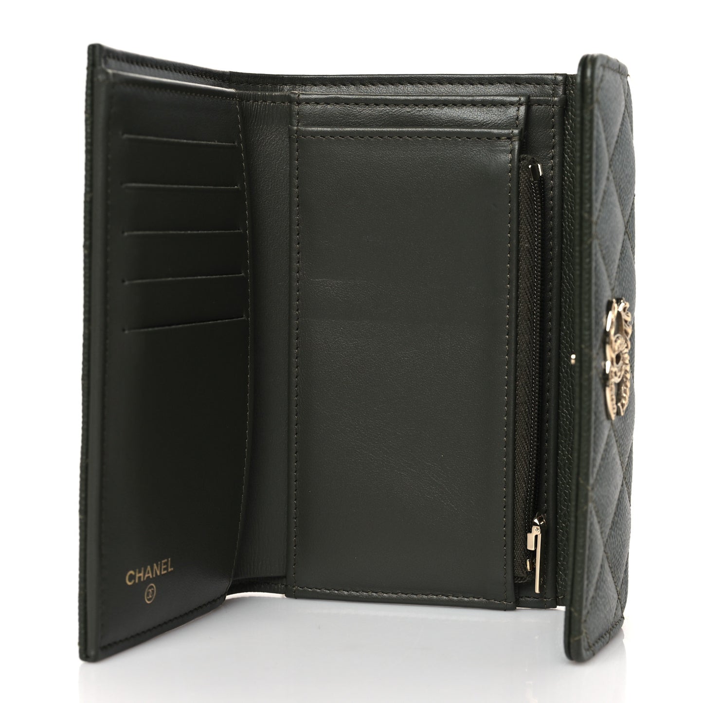 Caviar Quilted Multi Chain CC Medium Tri-Fold Flap Wallet Khaki