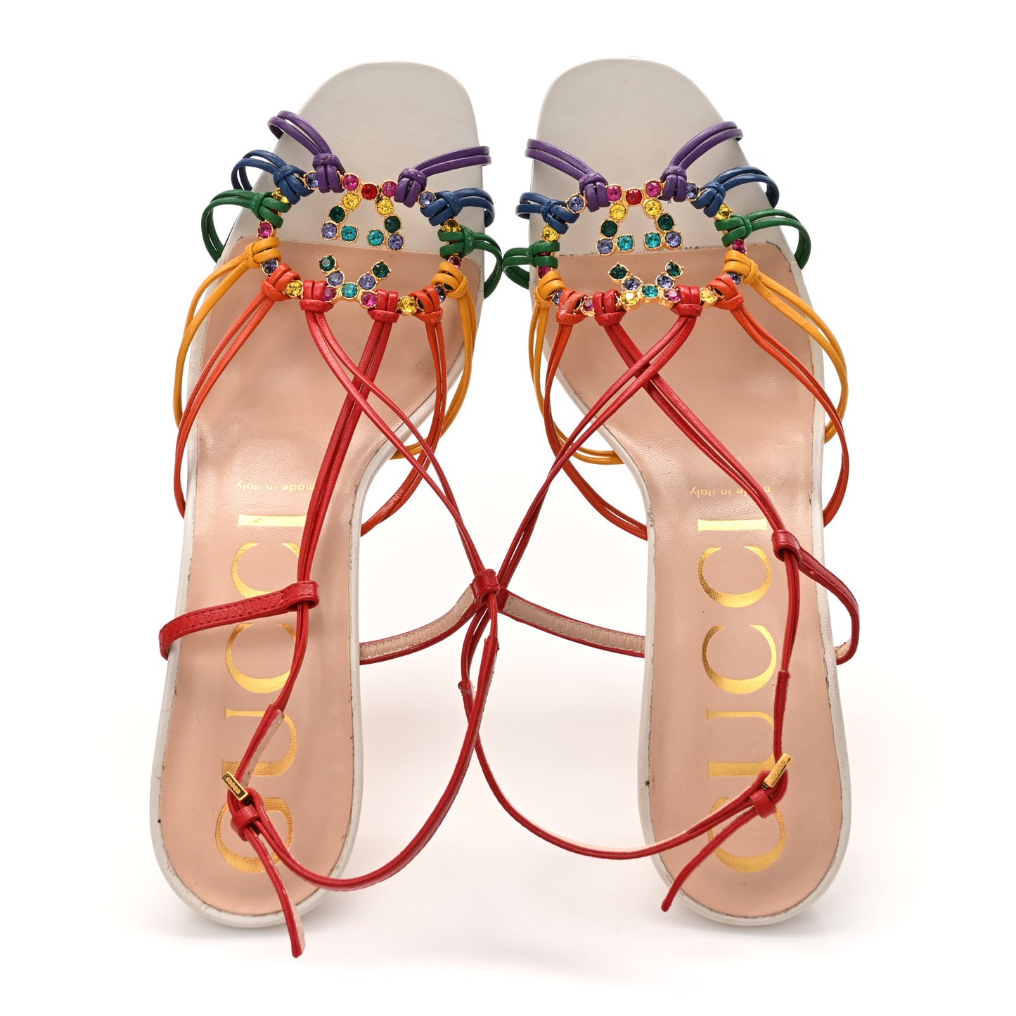Calfskin Crystal GG Isa Ankle Strap Mid Heel Sandals 40 Multicolor
