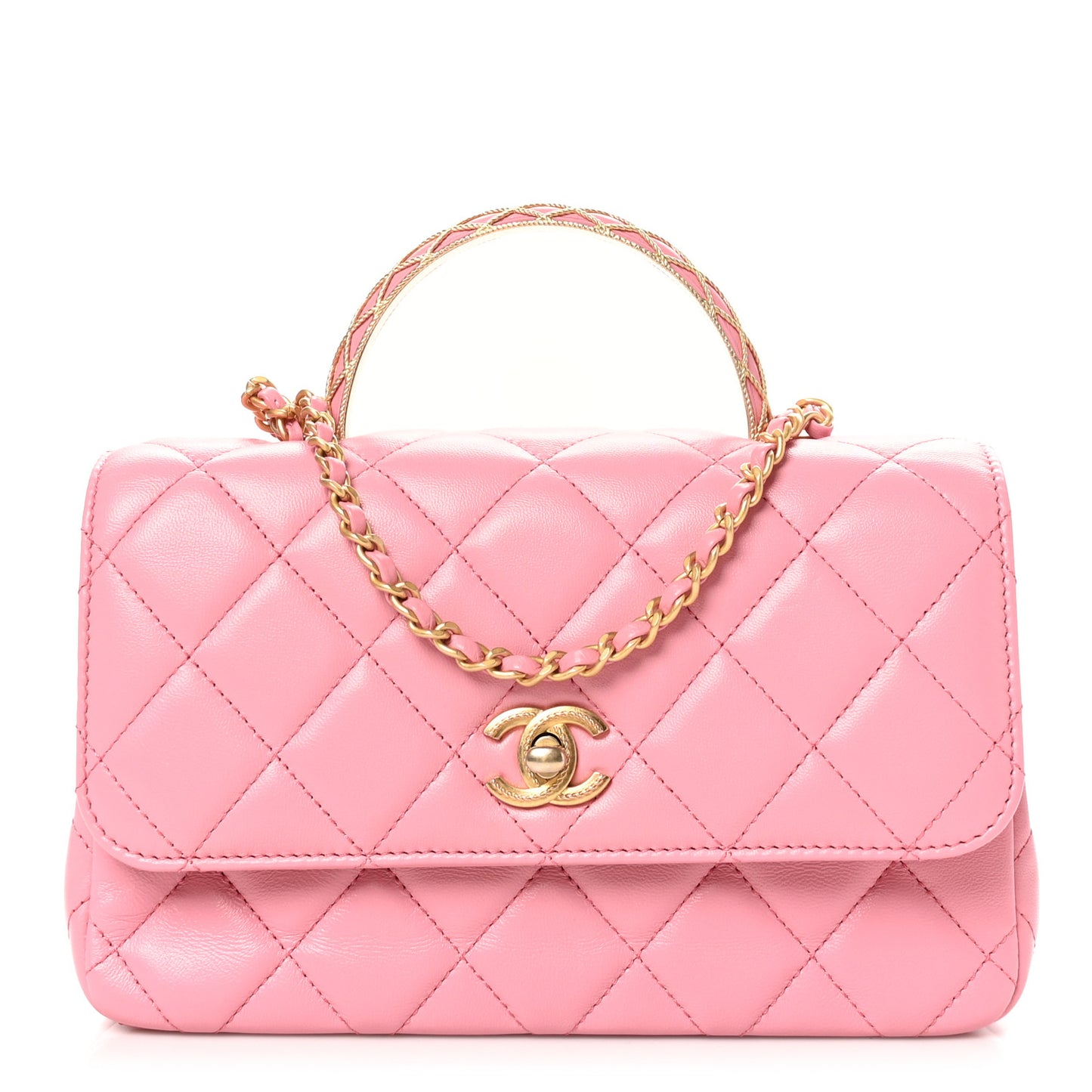 Lambskin Metal Quilted Twist Top Handle Flap With Chain Light Pink