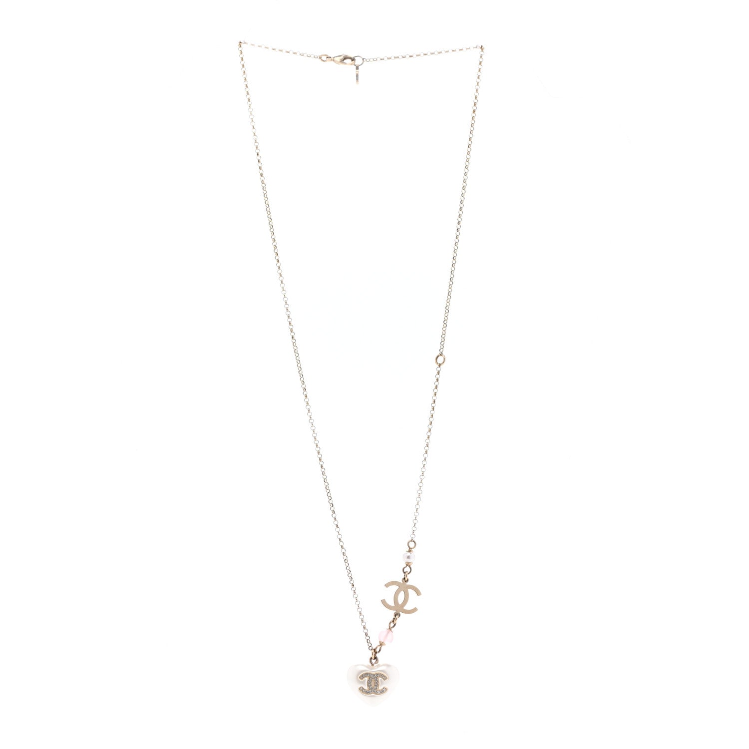 Chanel Resin Crystal CC Heart Necklace Pearly White Gold 3 of 7