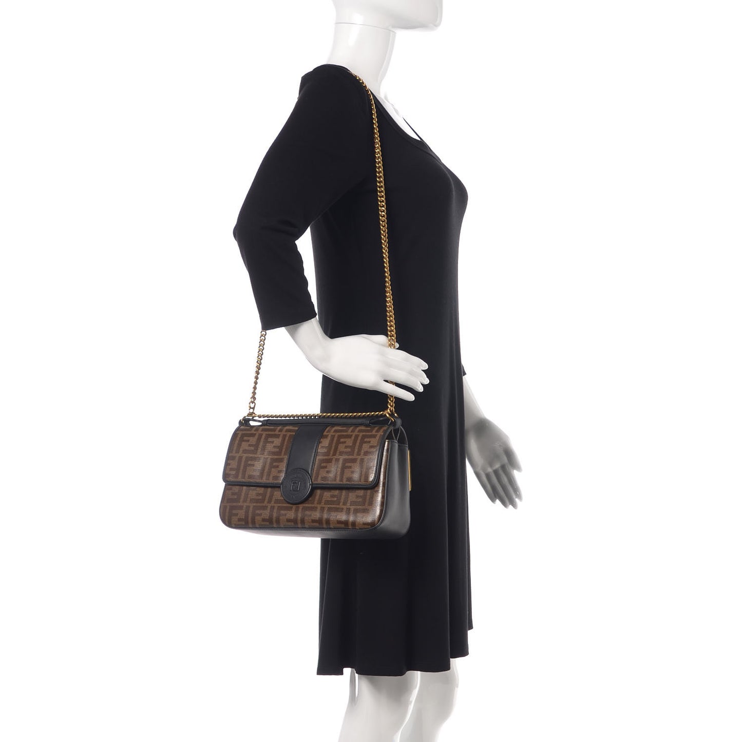 Vitello Grace Glazed Fabric FF 1974 Double F Shoulder Bag Black Mogano Panna