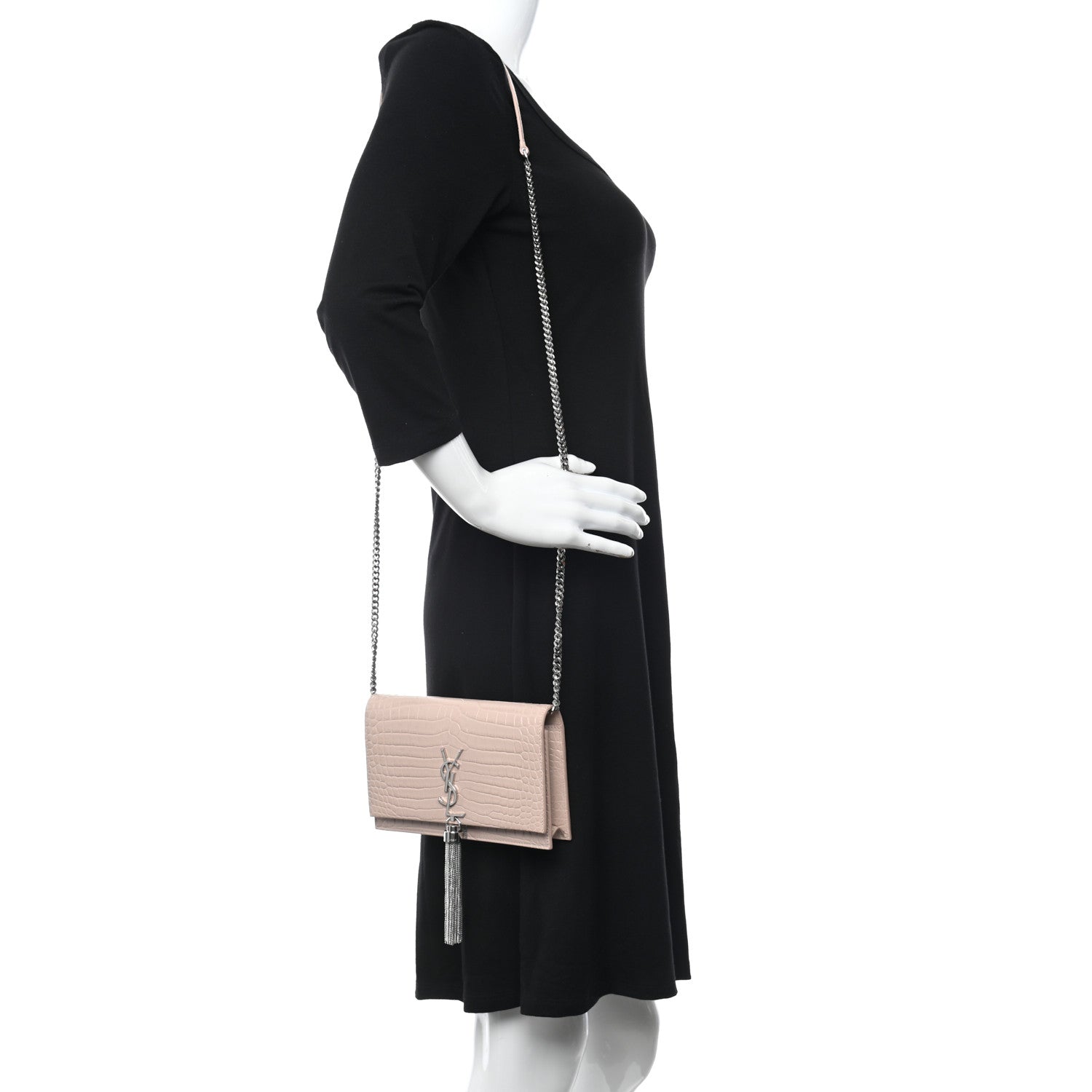 Saint Laurent Calfskin Crocodile Embossed Kate Monogram Tassel Chain Wallet Powder Pink 2 of 10