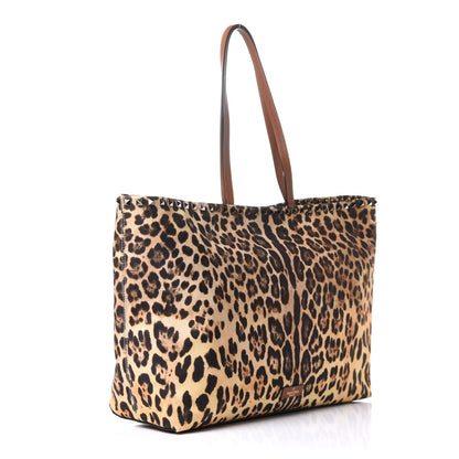 Valentino Garavani Canvas Nappa Leopard Print Rockstud Tote Brown 4 of 12