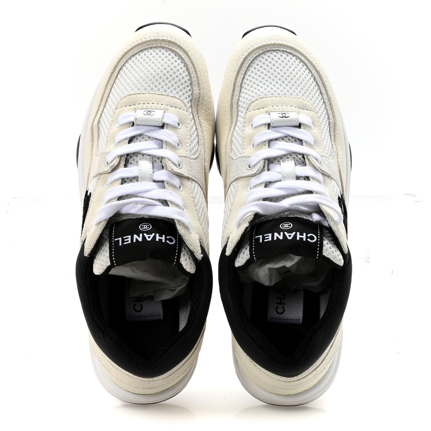 Chanel Mesh Suede Calfskin Grained Calfskin Womens CC Sneakers 37.5 White Black 2 of 10