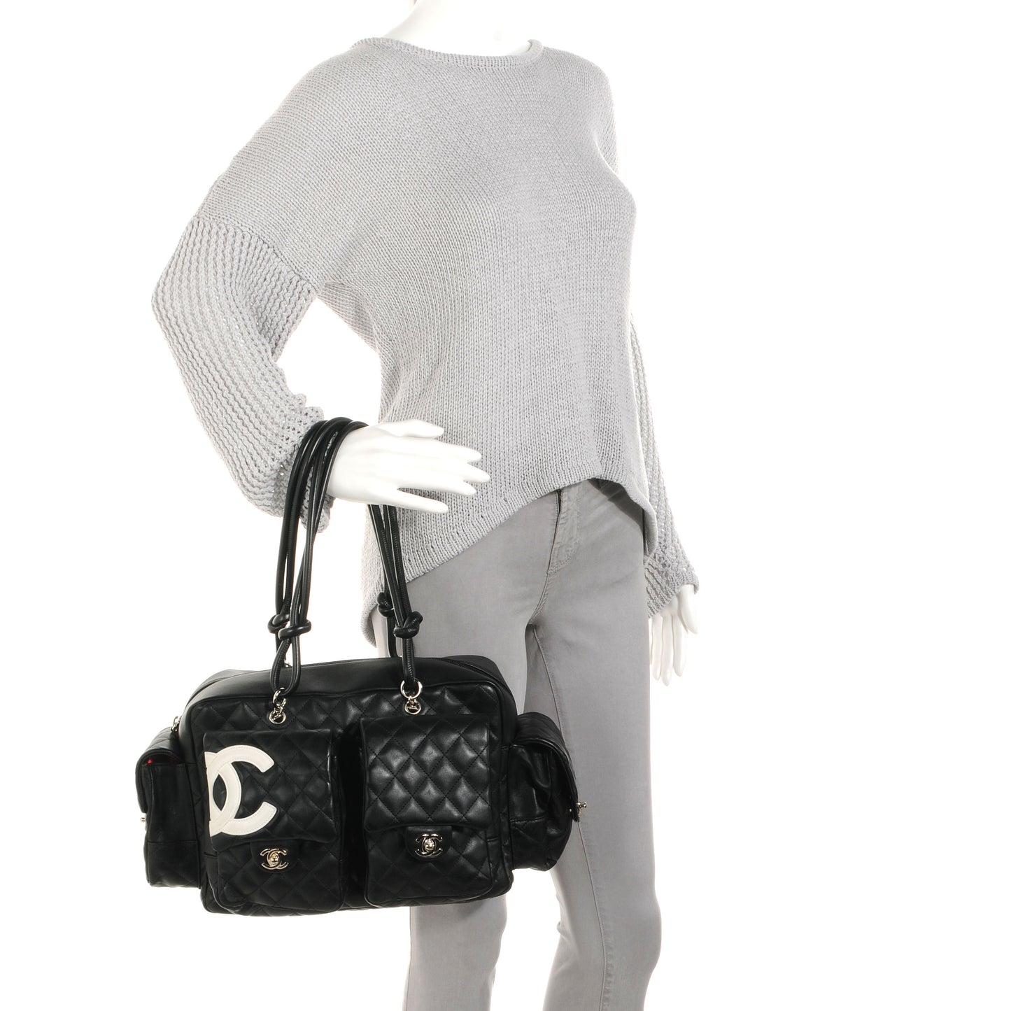 Calfskin Quilted Large Cambon Multipocket Reporter Black White
