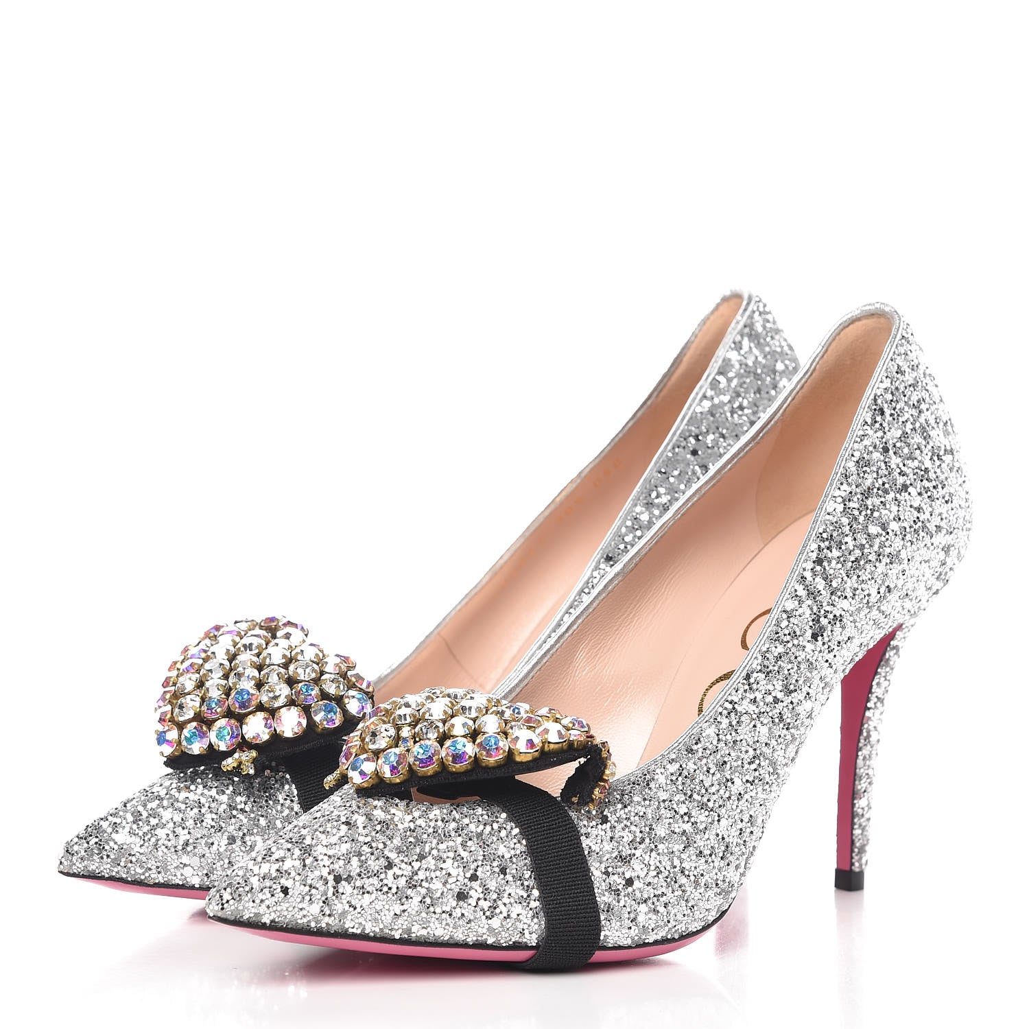 Gucci Nappa Silk Glitter Removable Crystal Heart Pumps 38.5 Argento 6 of 12