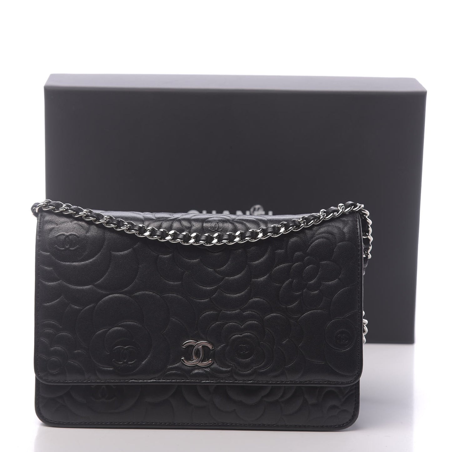 Lambskin Camellia Embossed Wallet on Chain WOC Black