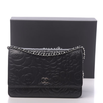 Chanel Lambskin Camellia Embossed Wallet on Chain WOC Black 13 of 13