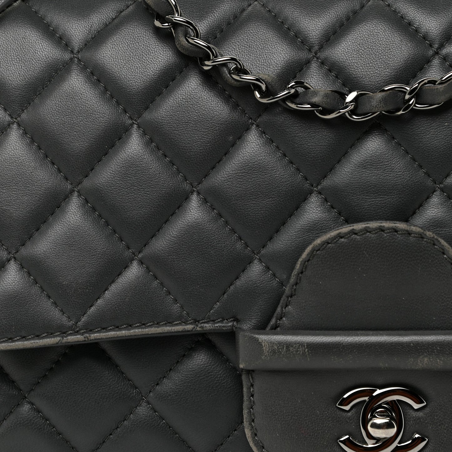 Lambskin Quilted Jumbo Coco Loop Flap Charcoal Grey