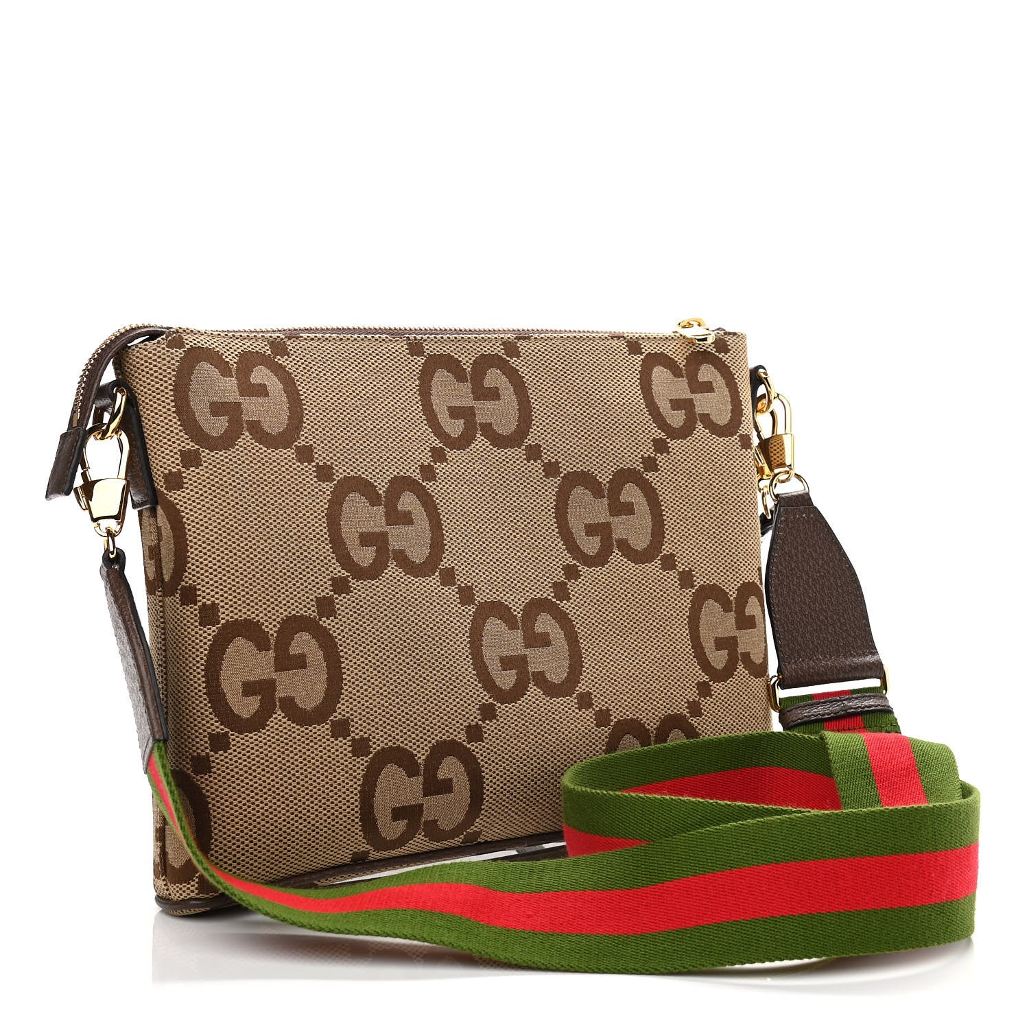 Gucci Monogram Jumbo GG Textured Dollar Calfskin Web Wristlet Messenger Bag Camel Ebony New Acero 3 of 11