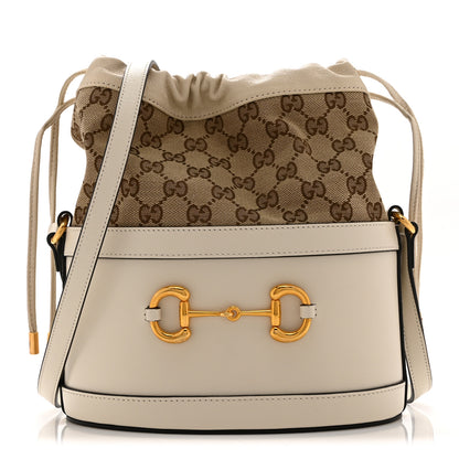 Gucci Monogram Textured Calfskin Horsebit 1955 Drawstring Bucket Bag Beige Mystic White 1 of 11