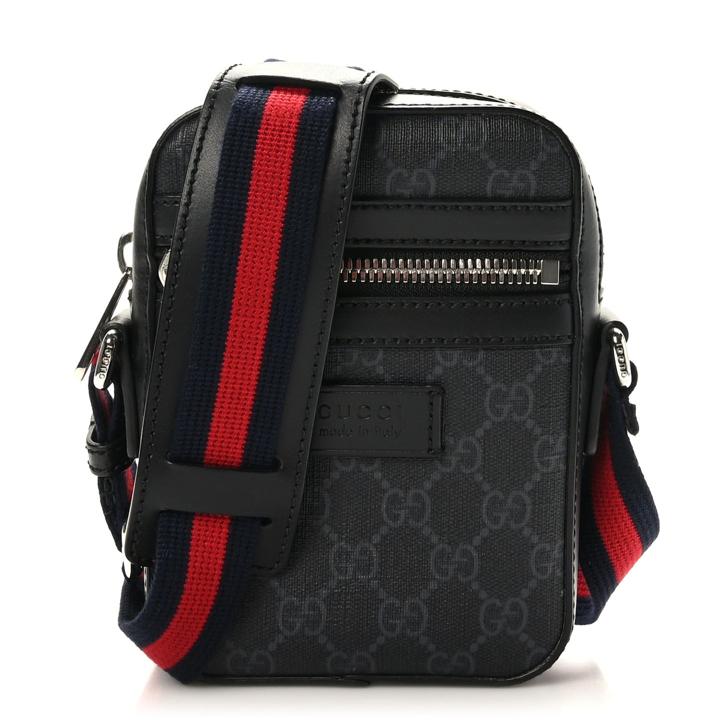 GG Supreme Monogram Appia Calfskin Web Small Camera Messenger Bag Black Grey