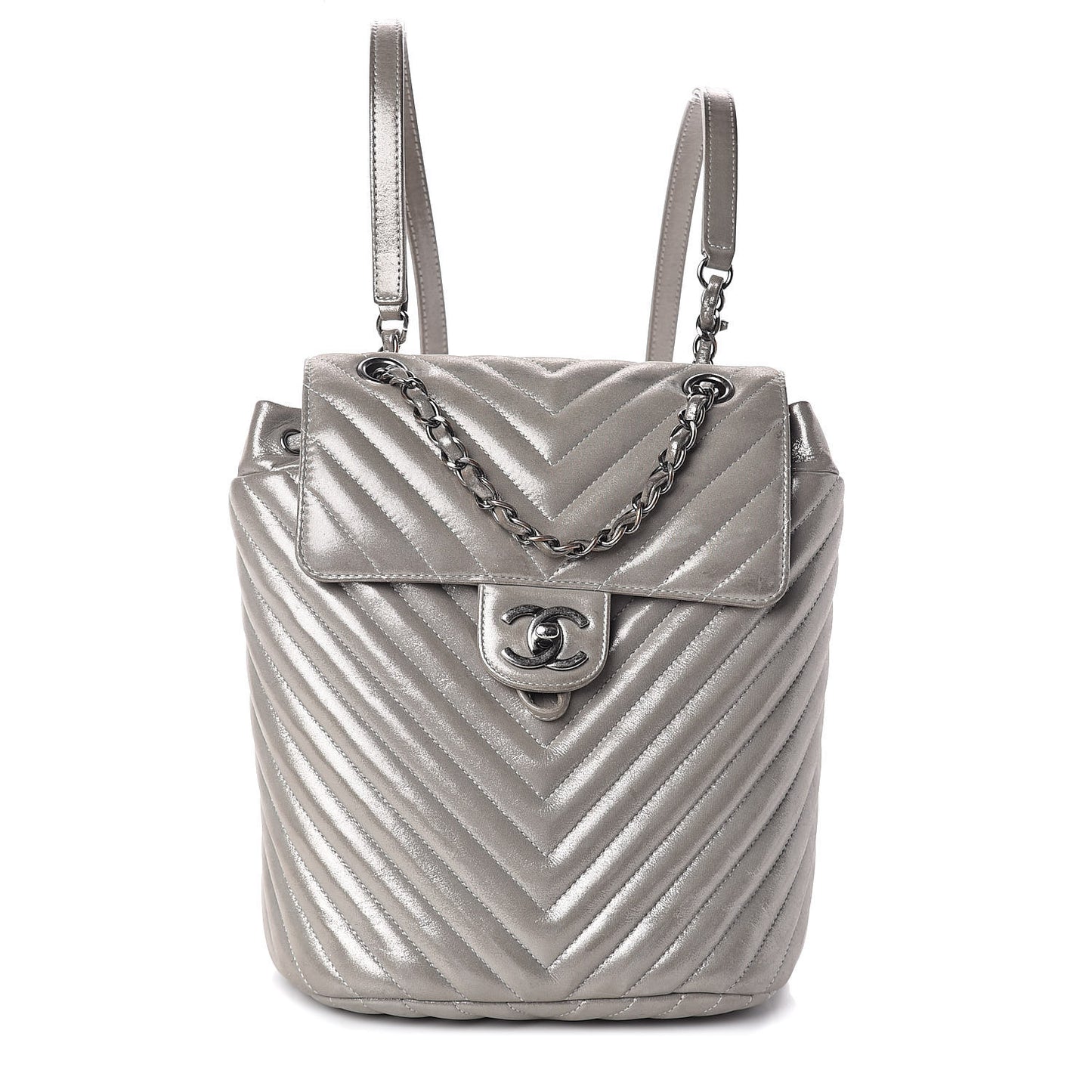 Metallic Calfskin Chevron Quilted Small Urban Spirit Backpack Silver