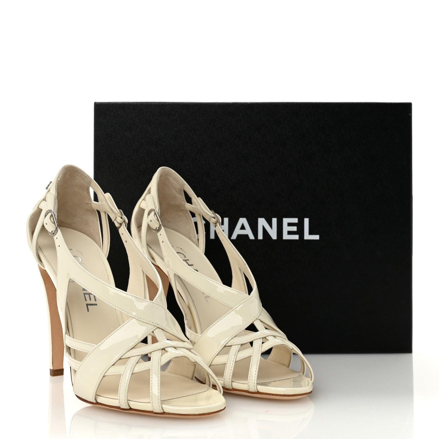 Chanel Patent Cut Out Ankle Strap Sandals 37.5 White 10 of 10