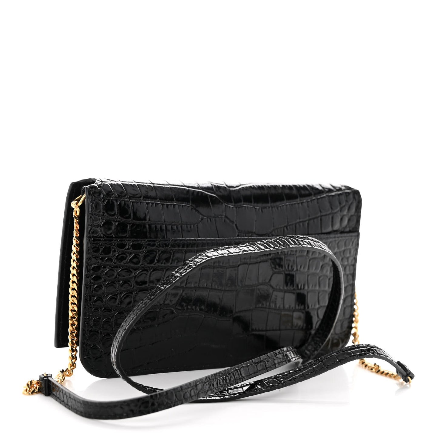 Crocodile Embossed Monogram Phone Holder Crossbody Black