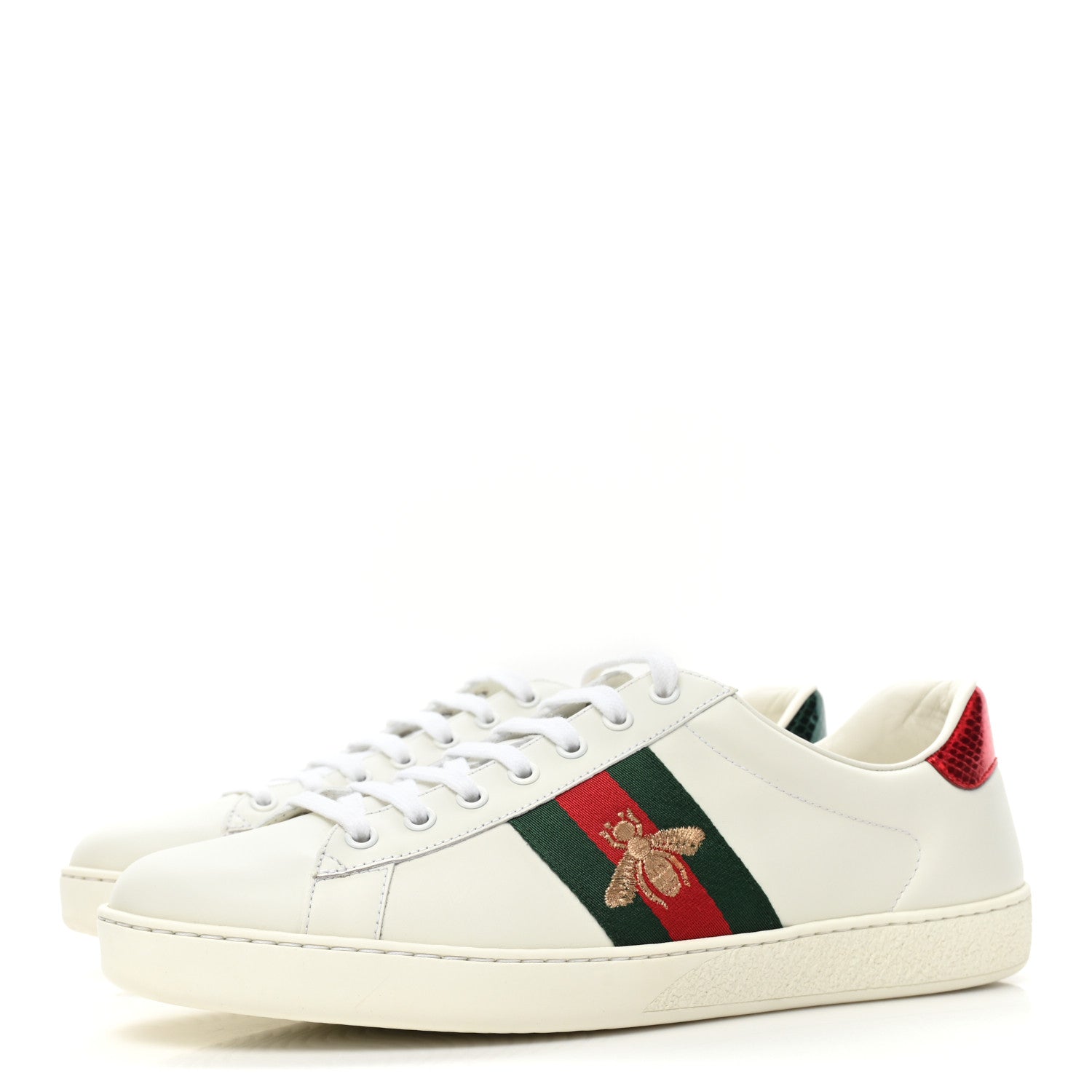 Gucci Miro Soft Calfskin Laminated Ayers Web Bee Embroidered Mens Ace Sneakers 10.5 White Red Flame Green 3 of 10