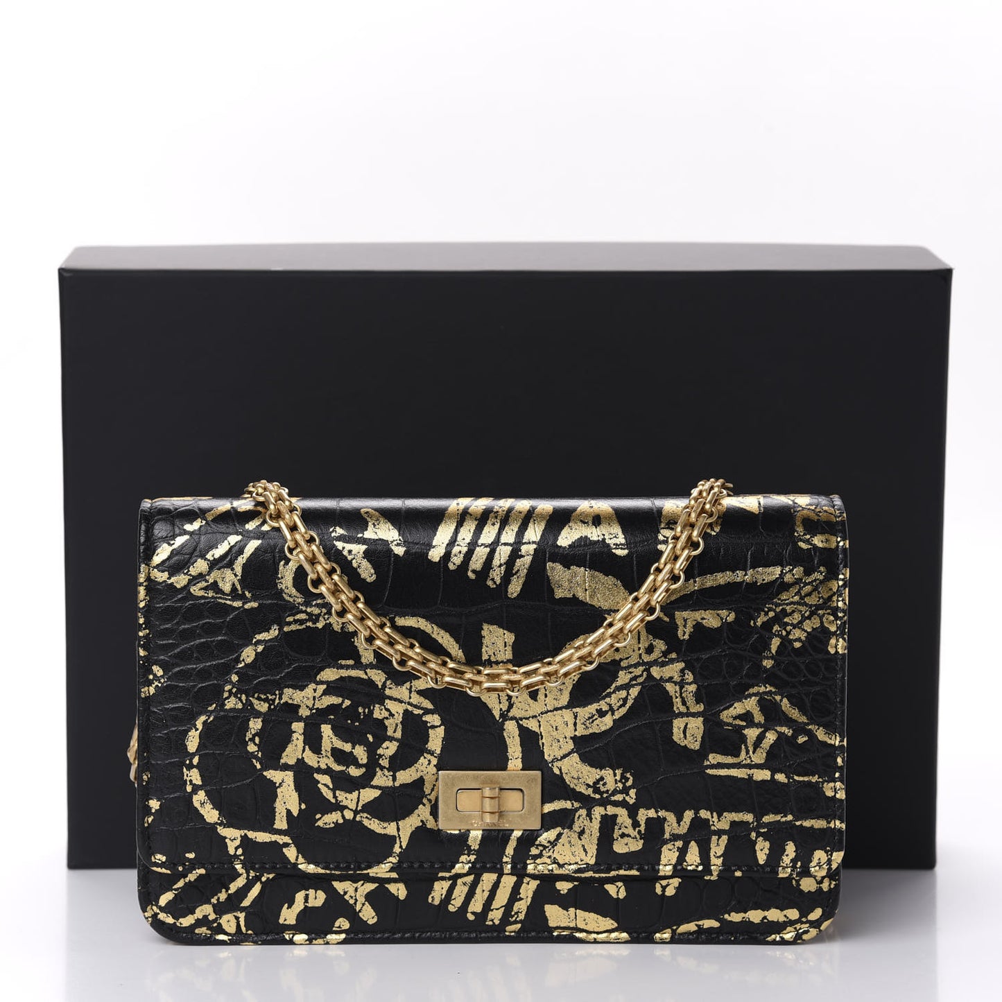 Calfskin Crocodile Embossed Graffiti 2.55 Cocodile Reissue Wallet On Chain WOC Black Gold