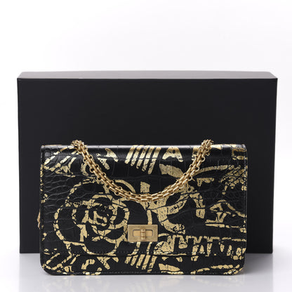 Chanel Calfskin Crocodile Embossed Graffiti 2.55 Cocodile Reissue Wallet On Chain WOC Black Gold 12 of 12