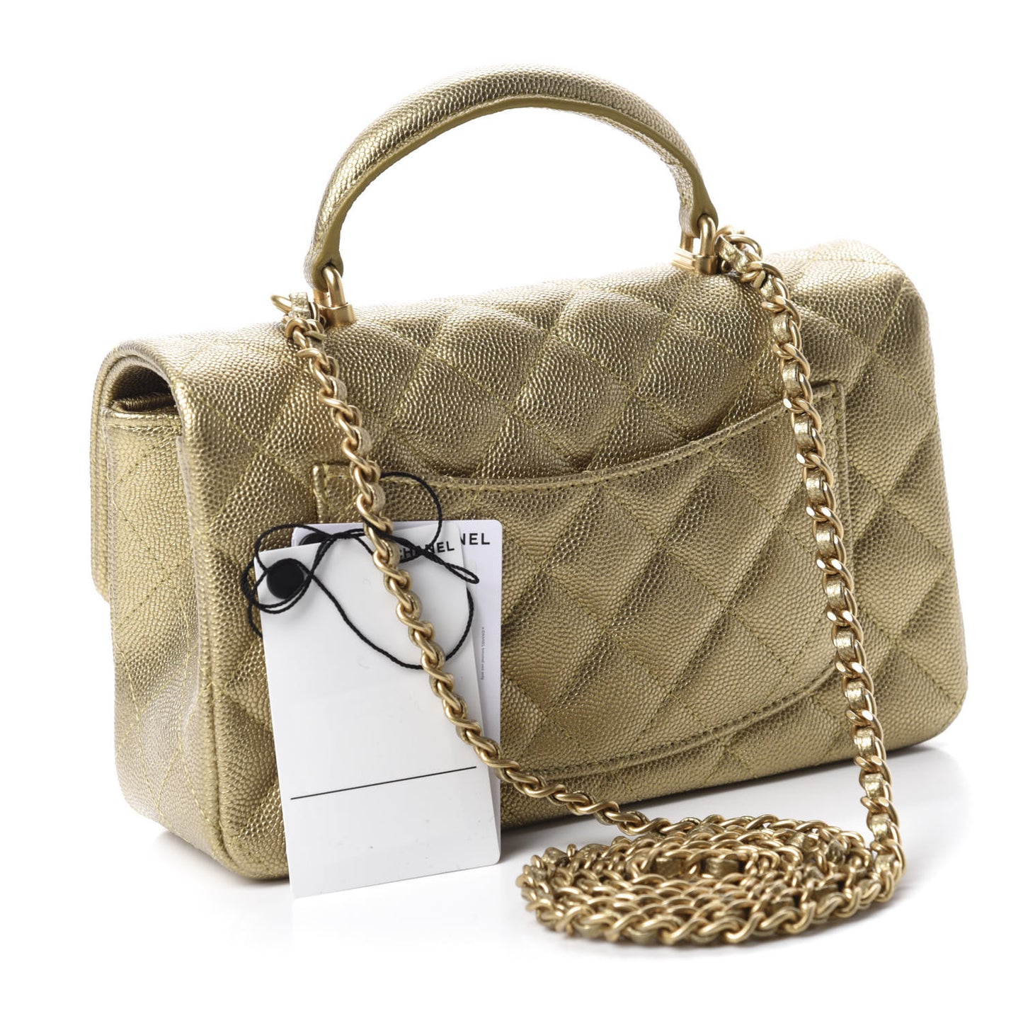 Metallic Caviar Quilted Mini Top Handle Rectangular Flap Gold