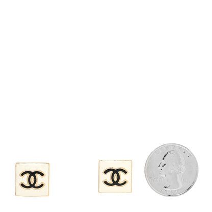 Chanel Metal Enamel CC Square Earrings Gold Black White 2 of 4