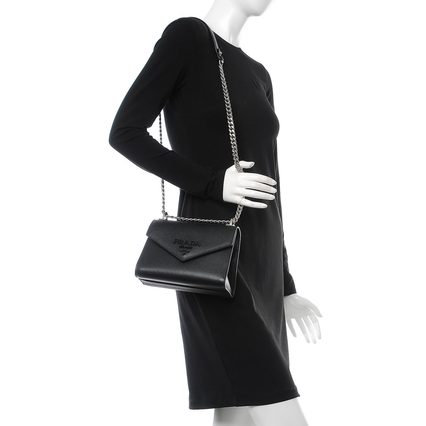 Saffiano Cuir Calfskin Monochrome Envelope Flap Chain Shoulder Bag Black